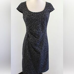 ANN TAYLOR Gray Black Animal Print Cap Sleeve ruched Sheath Dress Women's 6